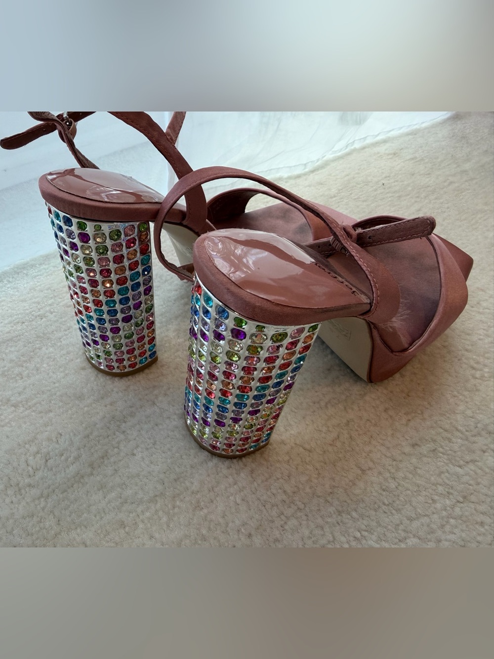 Jeffrey Campbell Pink Satin Multicolor Rhinestone Platform Wedge Heel Sandals - Picture 2 of 13